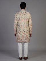 Cream chanderi silk kurta suit with embroidery and sequins for men