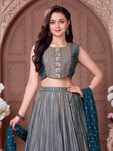 Steel blue embroidered girls lehenga choli