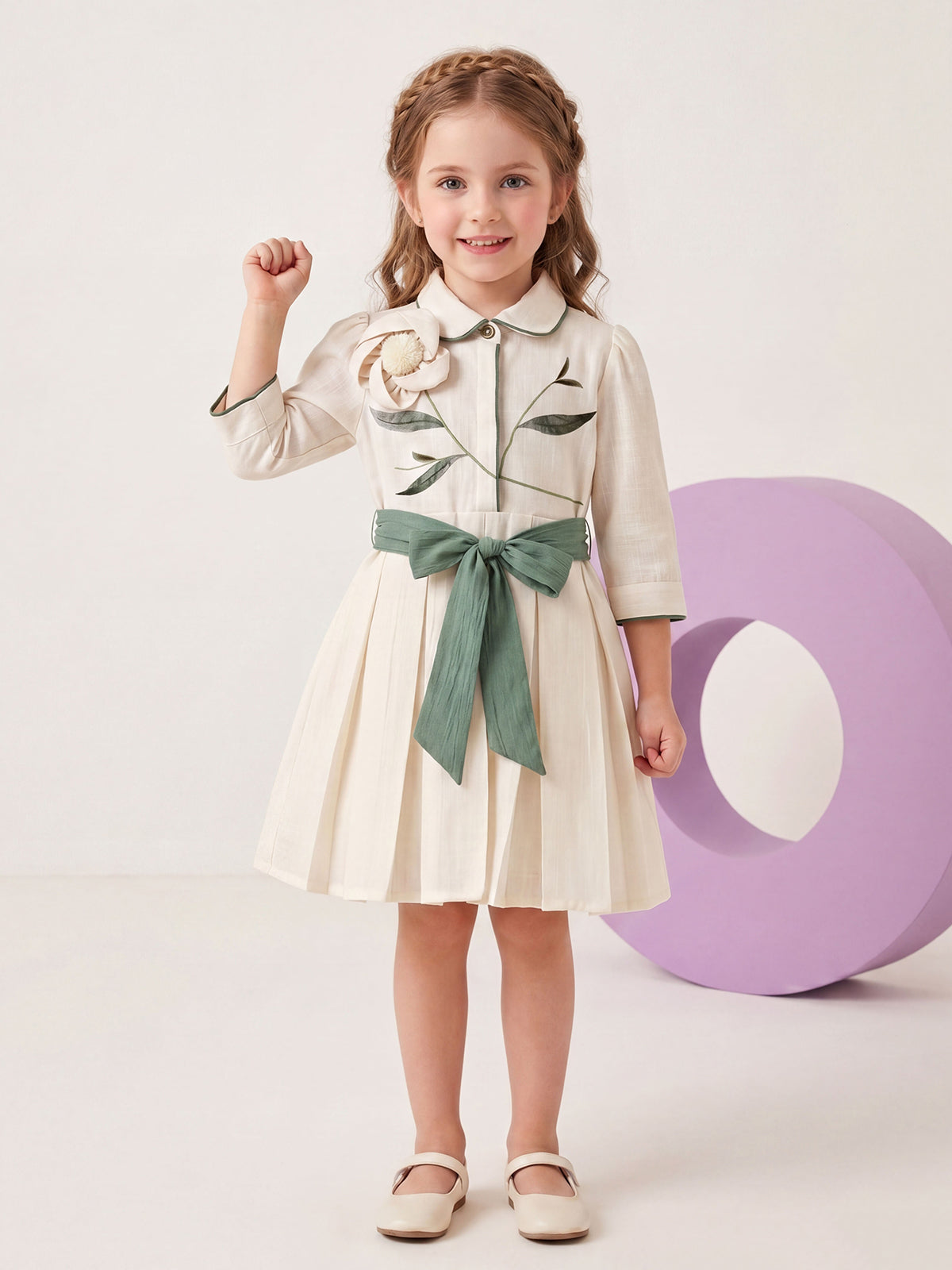 Cream floral appliqué girls frock