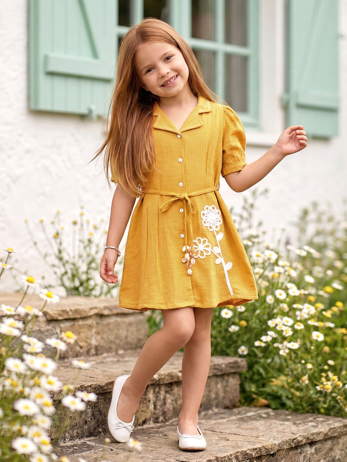 Mustard yellow botanical girls frock