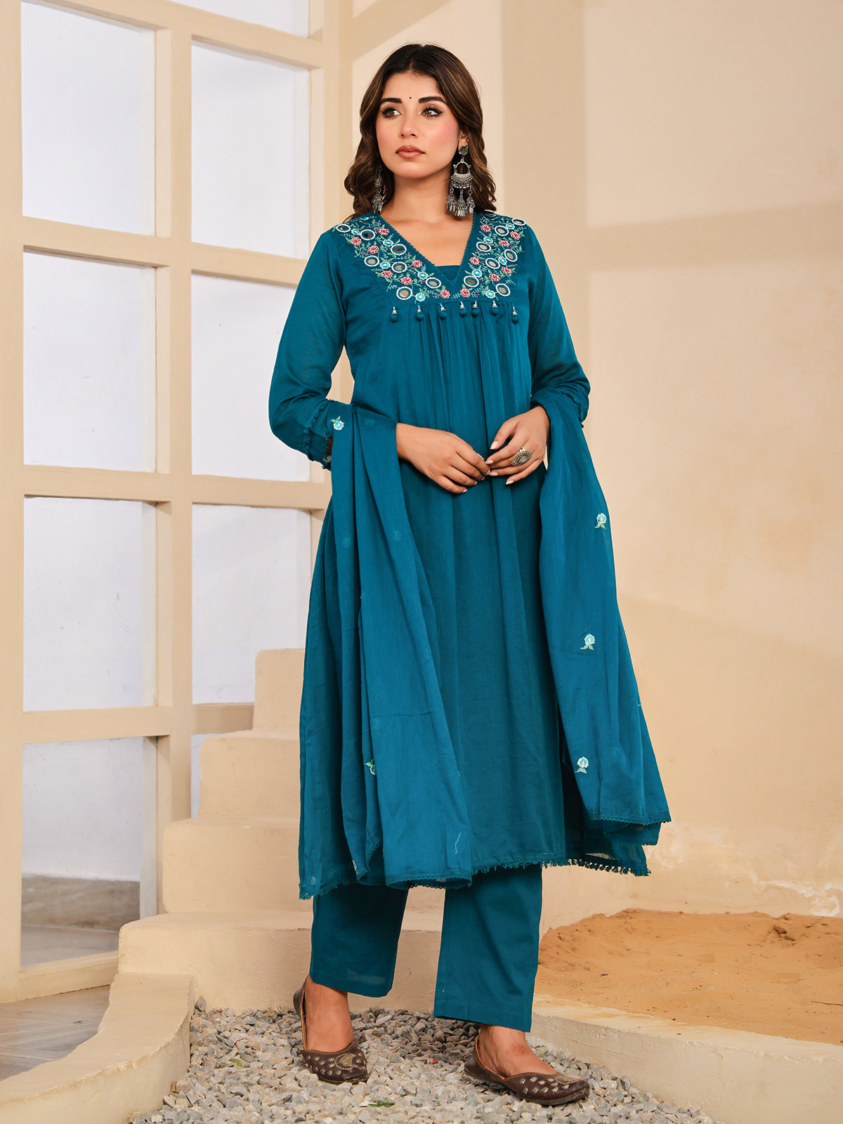 Peacock blue floral mirror womens kurti set