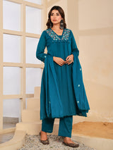 Peacock blue floral mirror womens kurti set