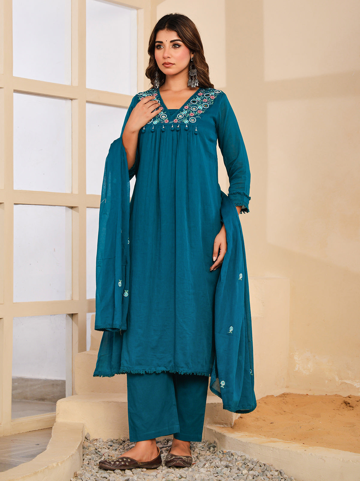 Peacock blue floral mirror womens kurti set