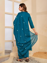Peacock blue floral mirror womens kurti set