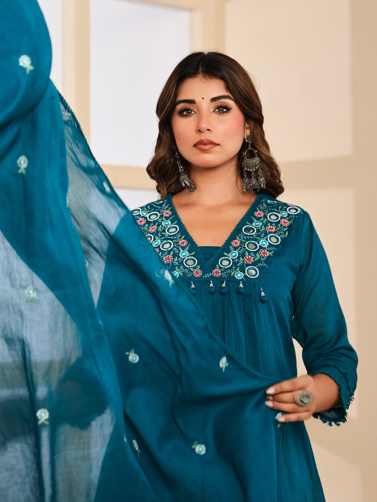 Peacock blue floral mirror womens kurti set