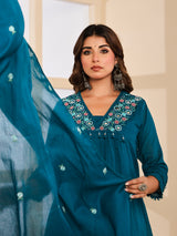 Peacock blue floral mirror womens kurti set