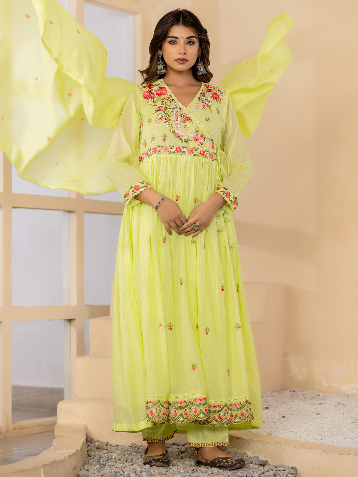 Light green angrakha anarkali womens kurti set