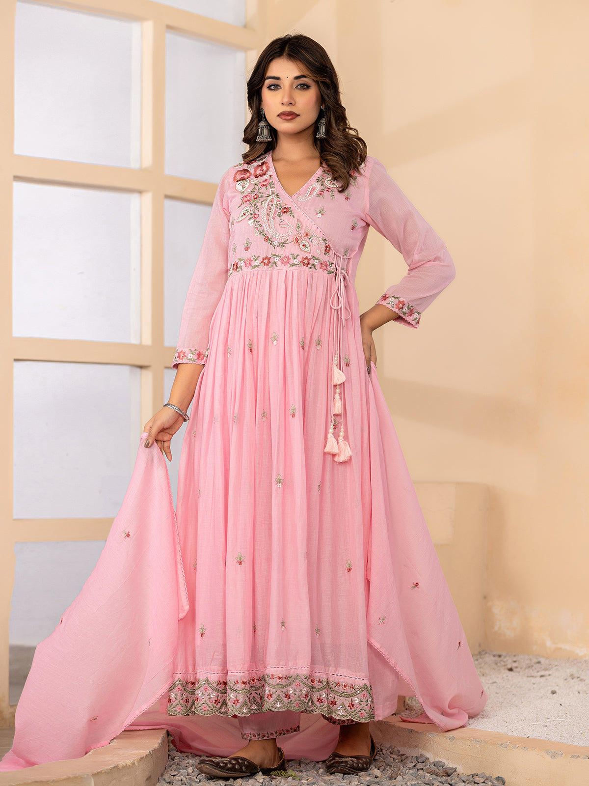 Light pink angrakha anarkali womens kurti set
