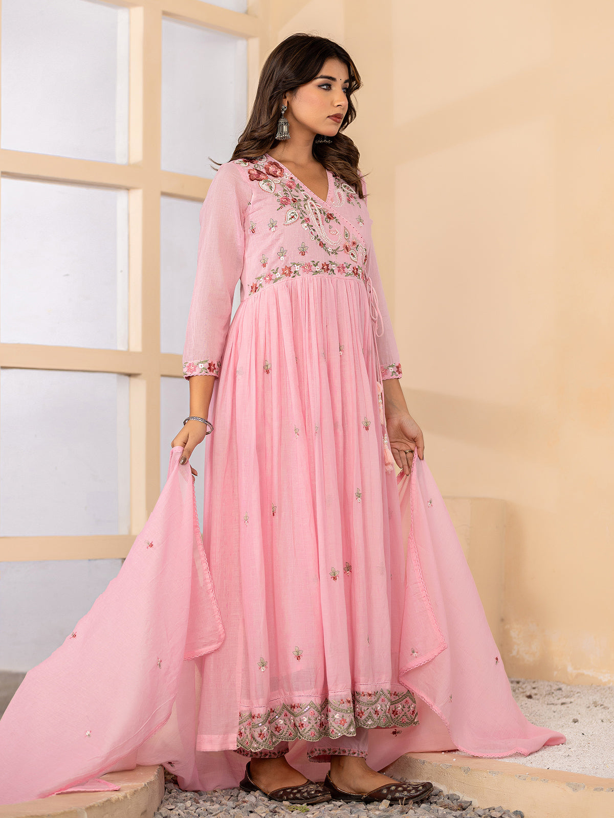 Light pink angrakha anarkali womens kurti set