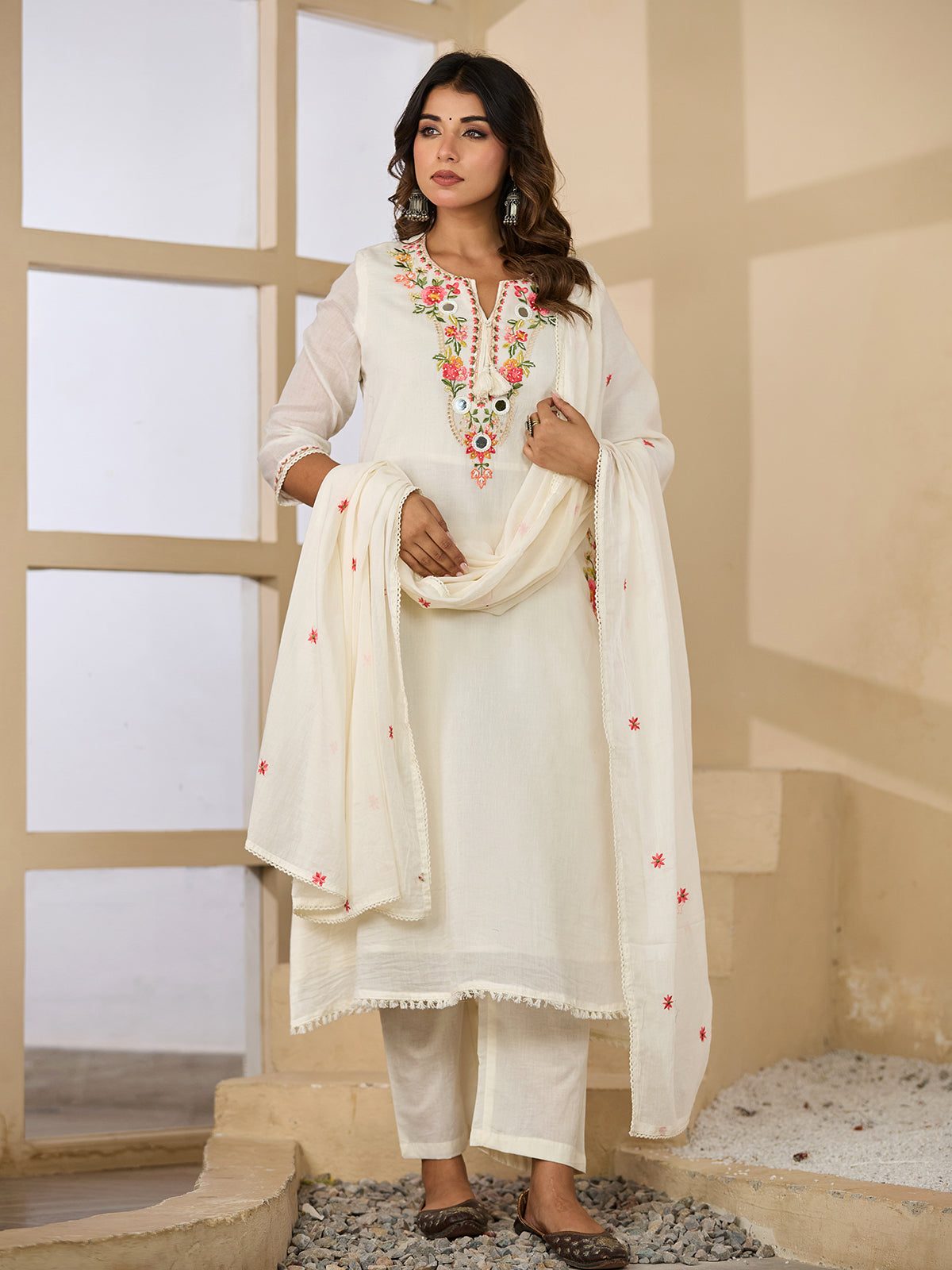 Off white floral mirror womens kurti set