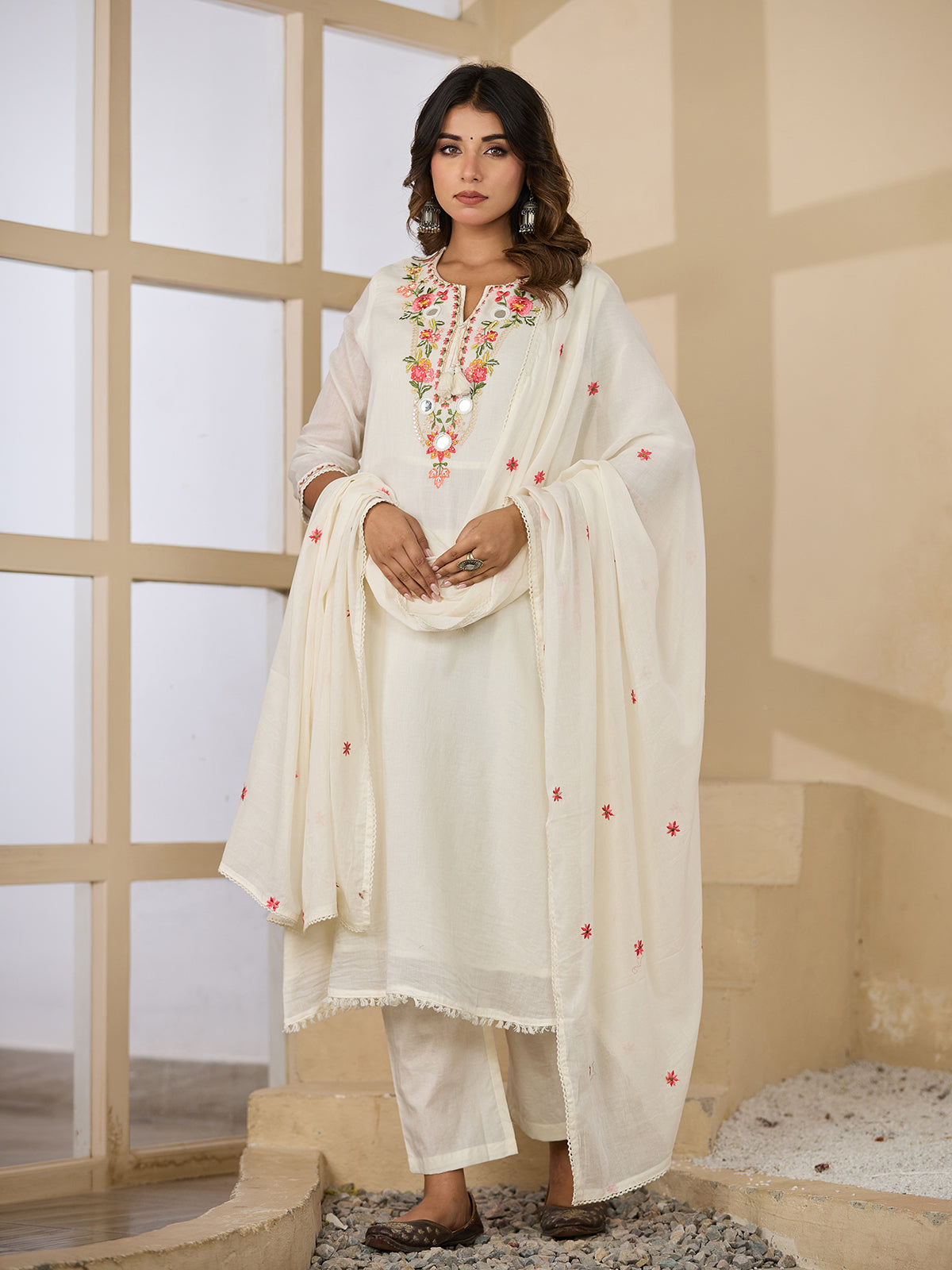 Off white floral mirror womens kurti set