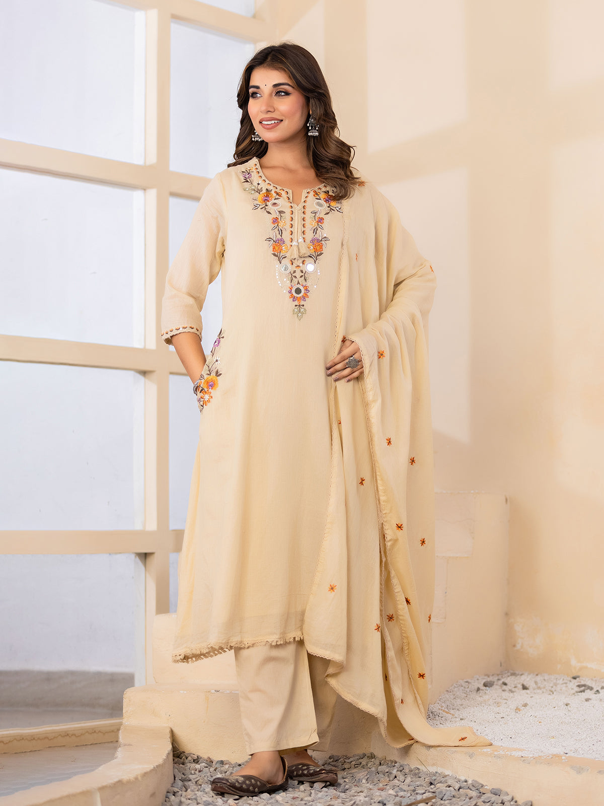 Beige embroidered keyhole womens kurti set
