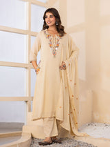 Beige embroidered keyhole womens kurti set