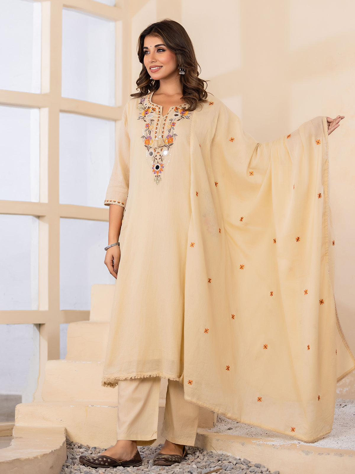 Beige embroidered keyhole womens kurti set