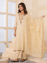 Beige embroidered keyhole womens kurti set