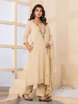 Beige embroidered keyhole womens kurti set