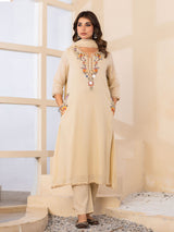 Beige embroidered keyhole womens kurti set