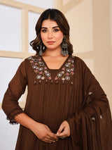 Brown floral mirror work womens kurti set