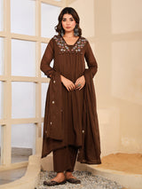 Brown floral mirror work womens kurti set