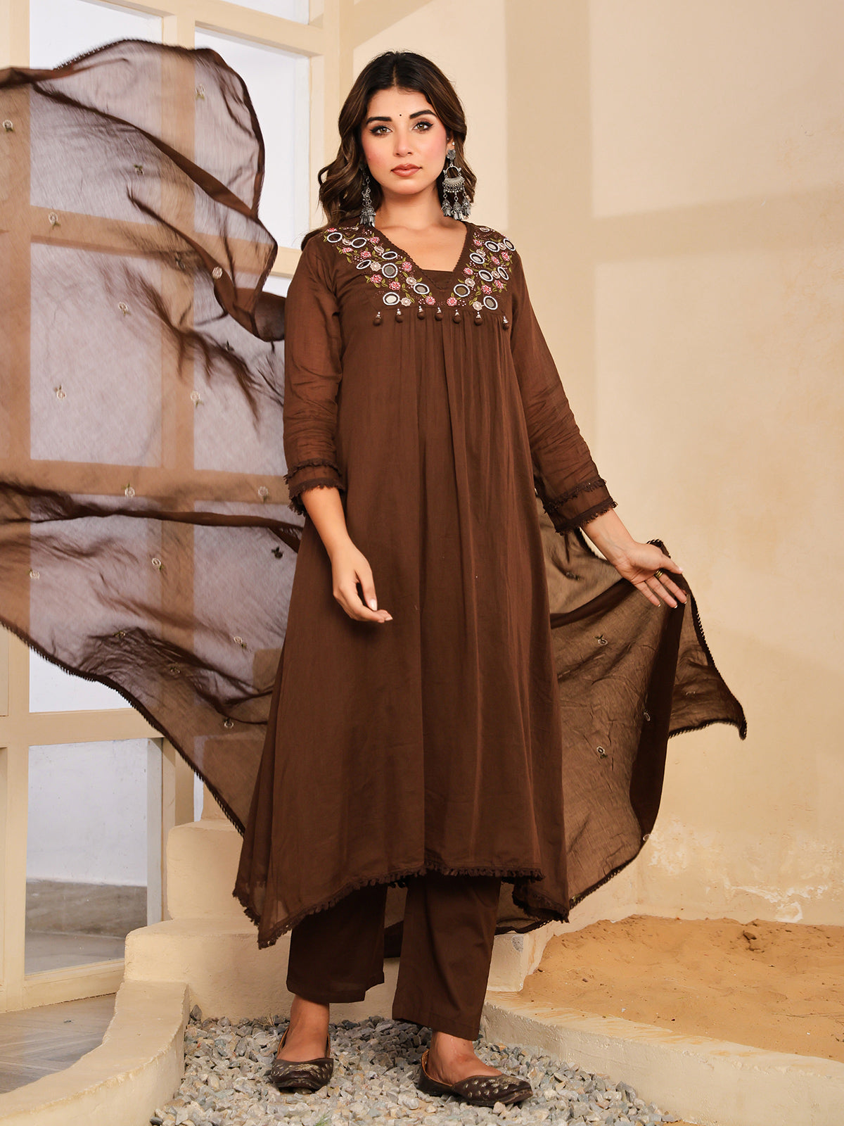 Brown floral mirror work womens kurti set