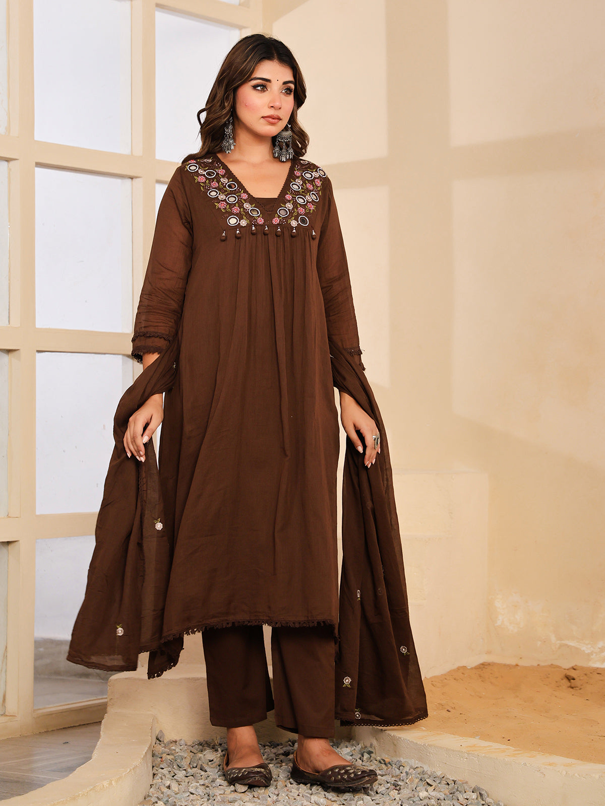 Brown floral mirror work womens kurti set