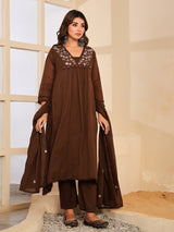 Brown floral mirror work womens kurti set