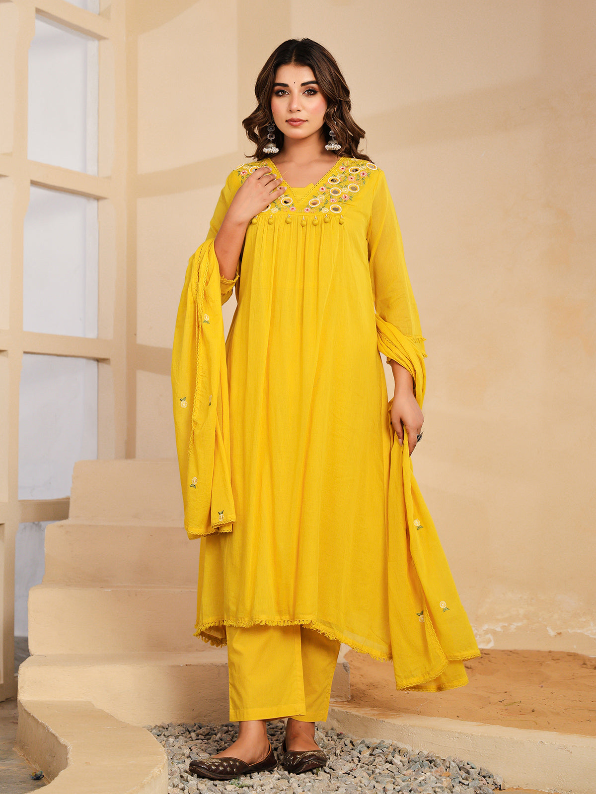 Yellow floral mirror work womens kurti set