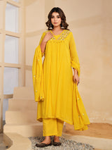 Yellow floral mirror work womens kurti set