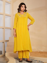 Yellow floral mirror work womens kurti set