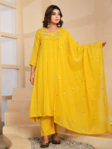 Yellow floral mirror work womens kurti set