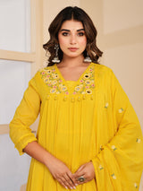 Yellow floral mirror work womens kurti set