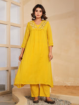 Yellow floral mirror work womens kurti set
