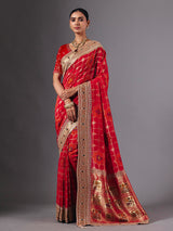 Radiant red georgette saree with zari animal motif embellishments