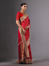 Radiant red georgette saree with zari animal motif embellishments