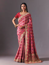 Pink dola silk saree with doli barat bandhani detailing