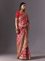 Pink dola silk saree with doli barat bandhani detailing