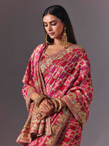 Pink dola silk saree with doli barat bandhani detailing