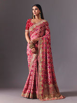 Pink dola silk saree with doli barat bandhani detailing