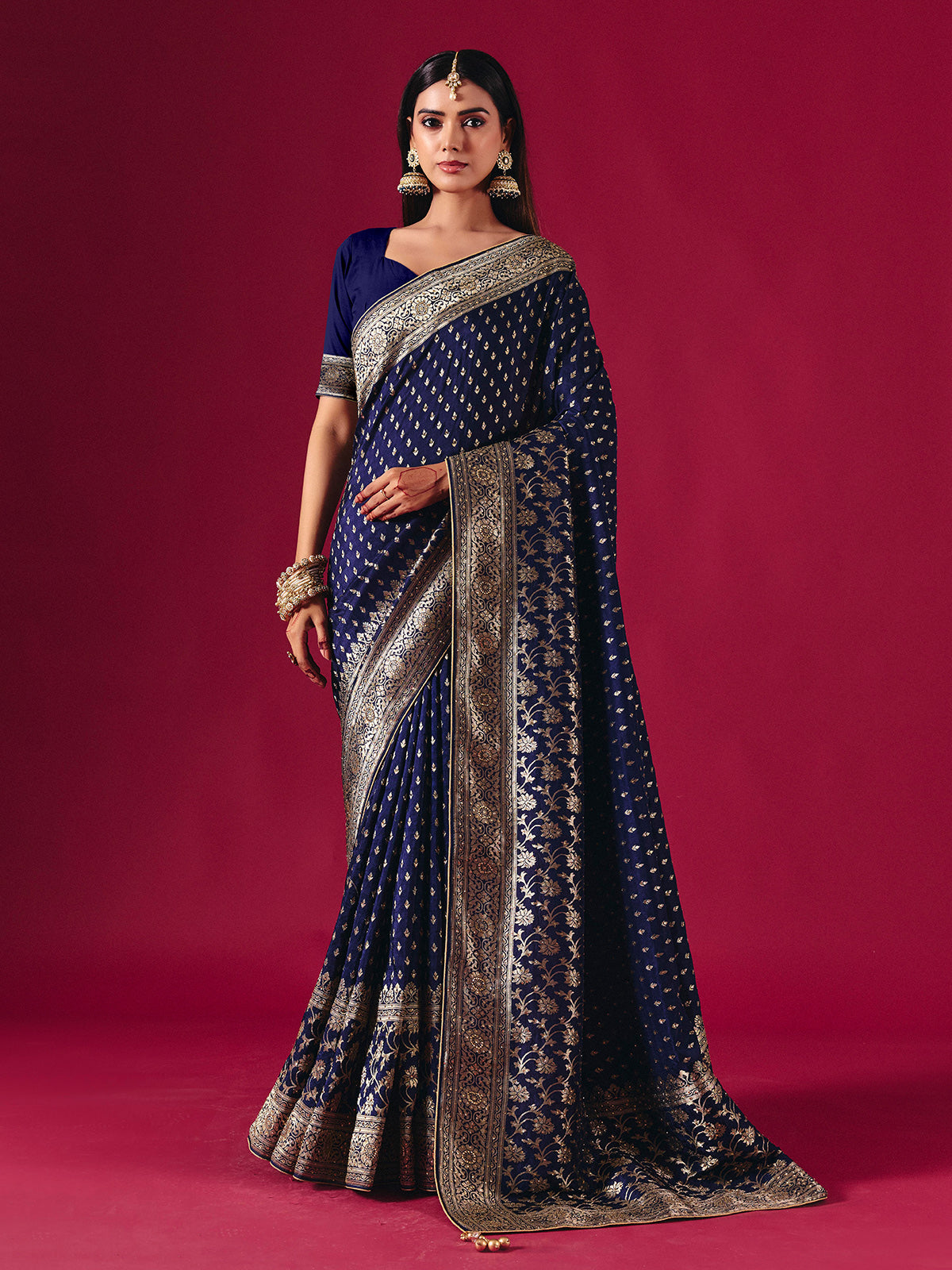 Royal blue dola silk saree with zari butti elegance