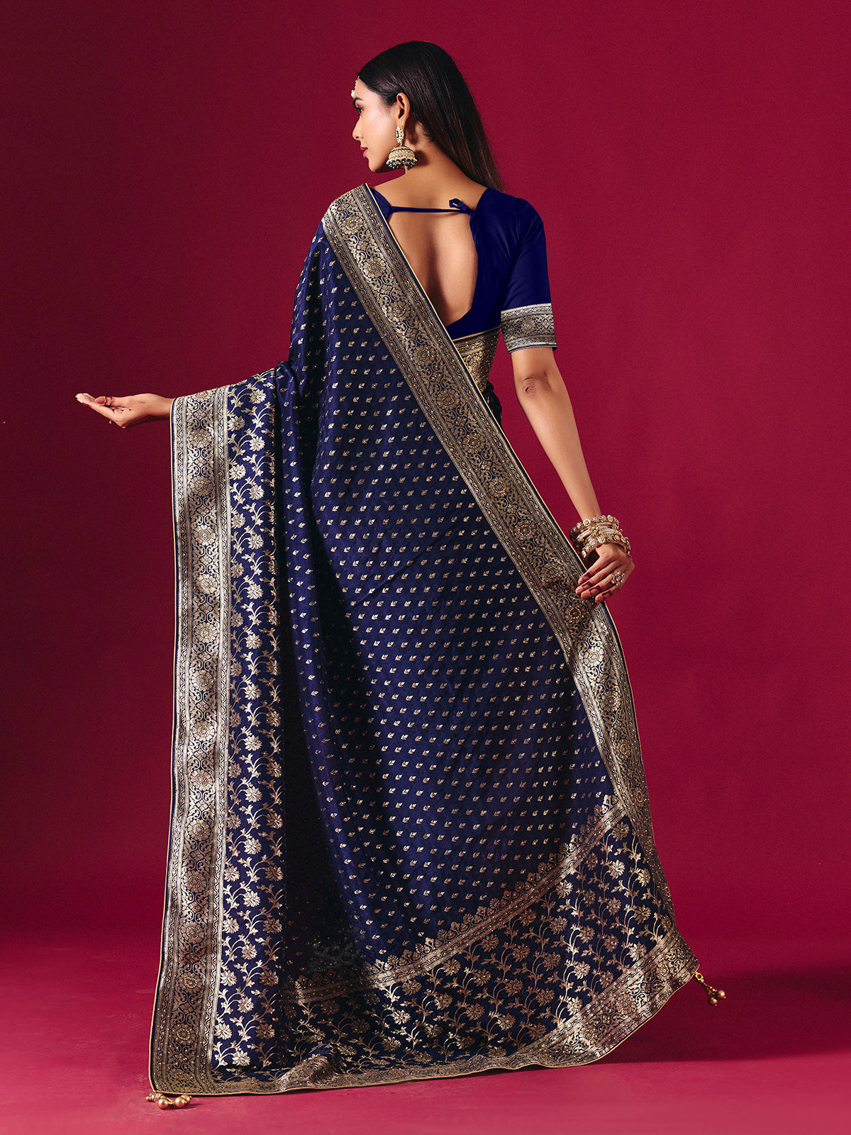 Royal blue dola silk saree with zari butti elegance