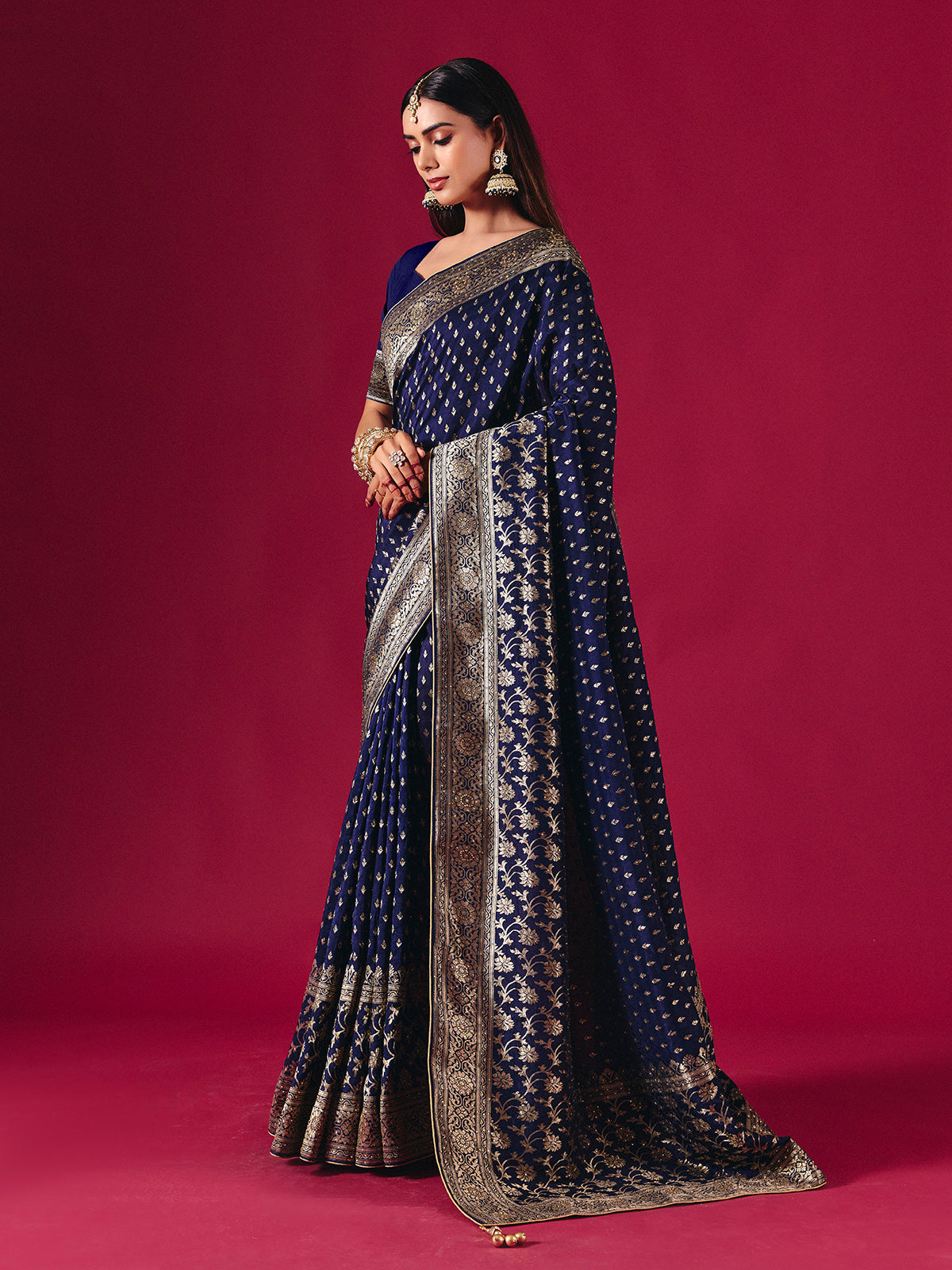 Royal blue dola silk saree with zari butti elegance