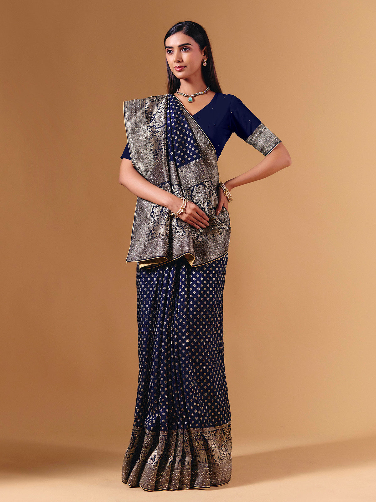 Navy dola silk saree with elephant motif zari detailing