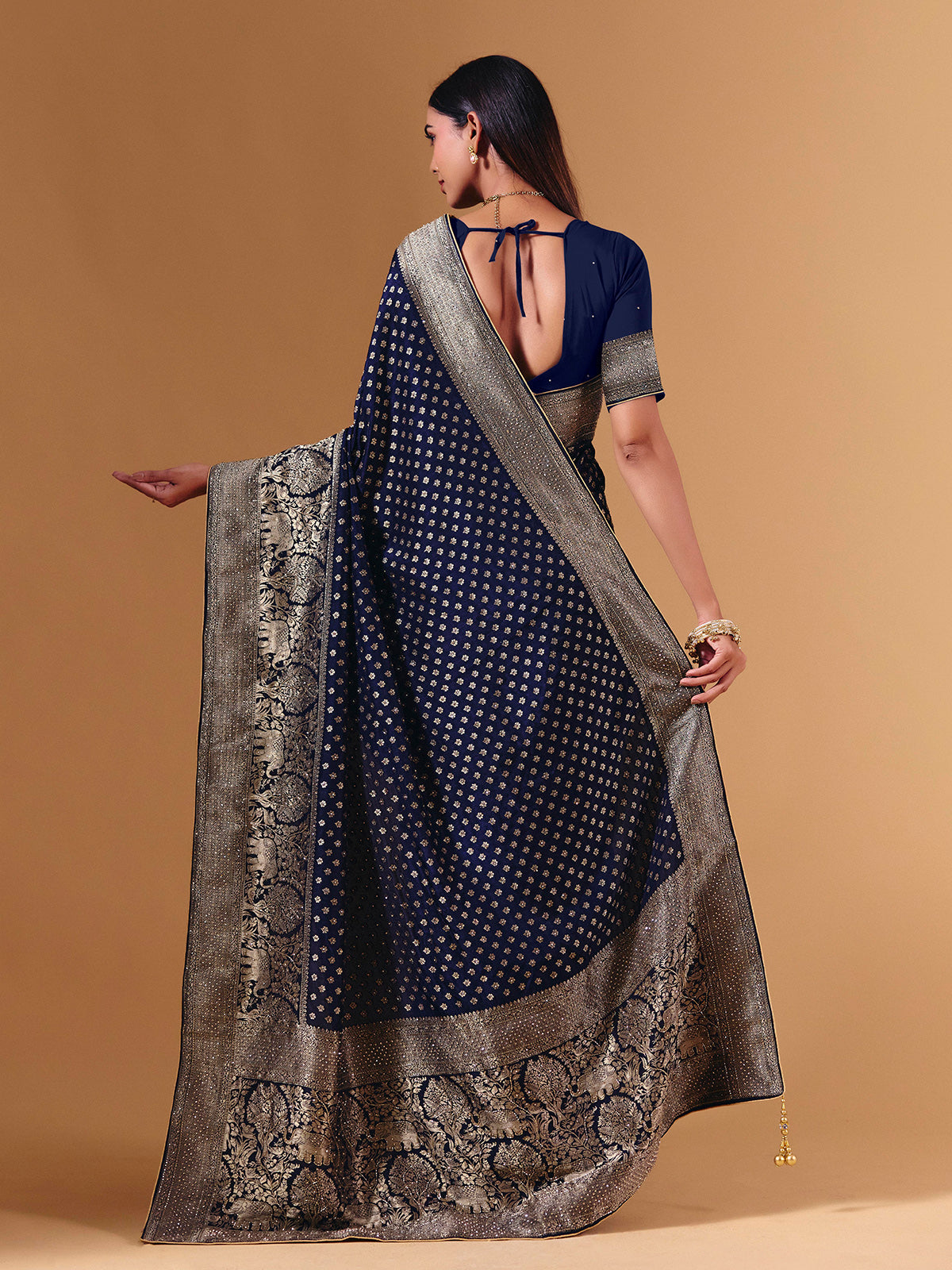 Navy dola silk saree with elephant motif zari detailing