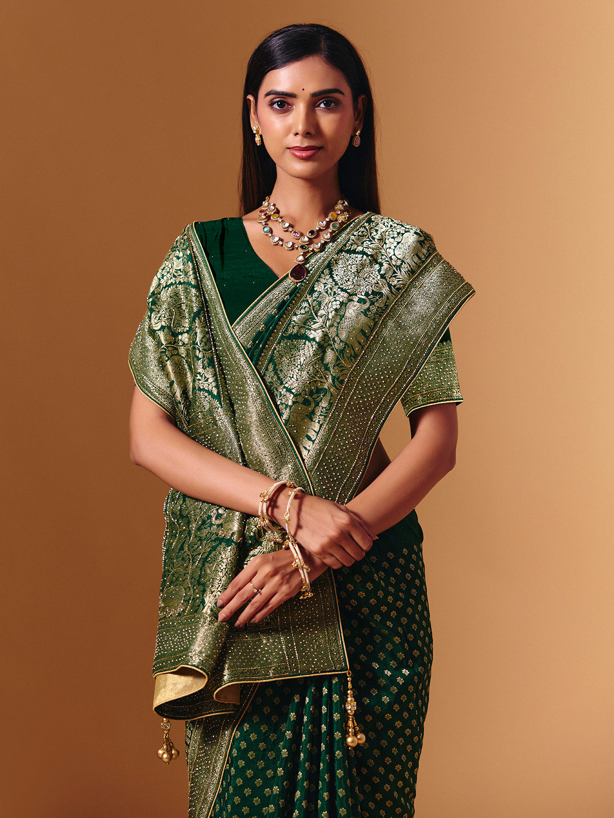 Green dola silk saree with elephant motif festive elegance
