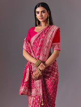Rani pink dola silk saree with bandhani zari elegance