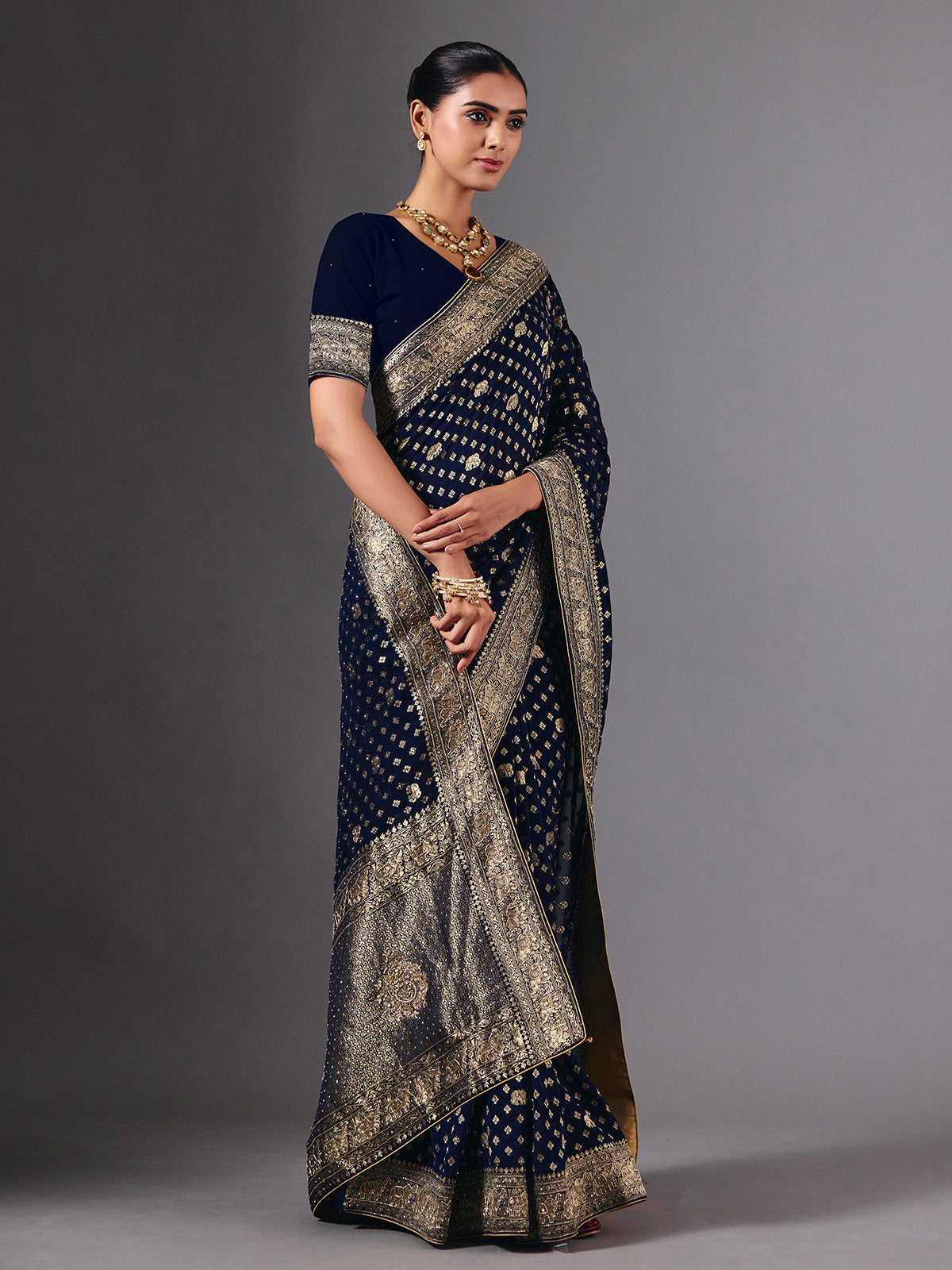 Navy dola silk saree with elephant motif zari artistry