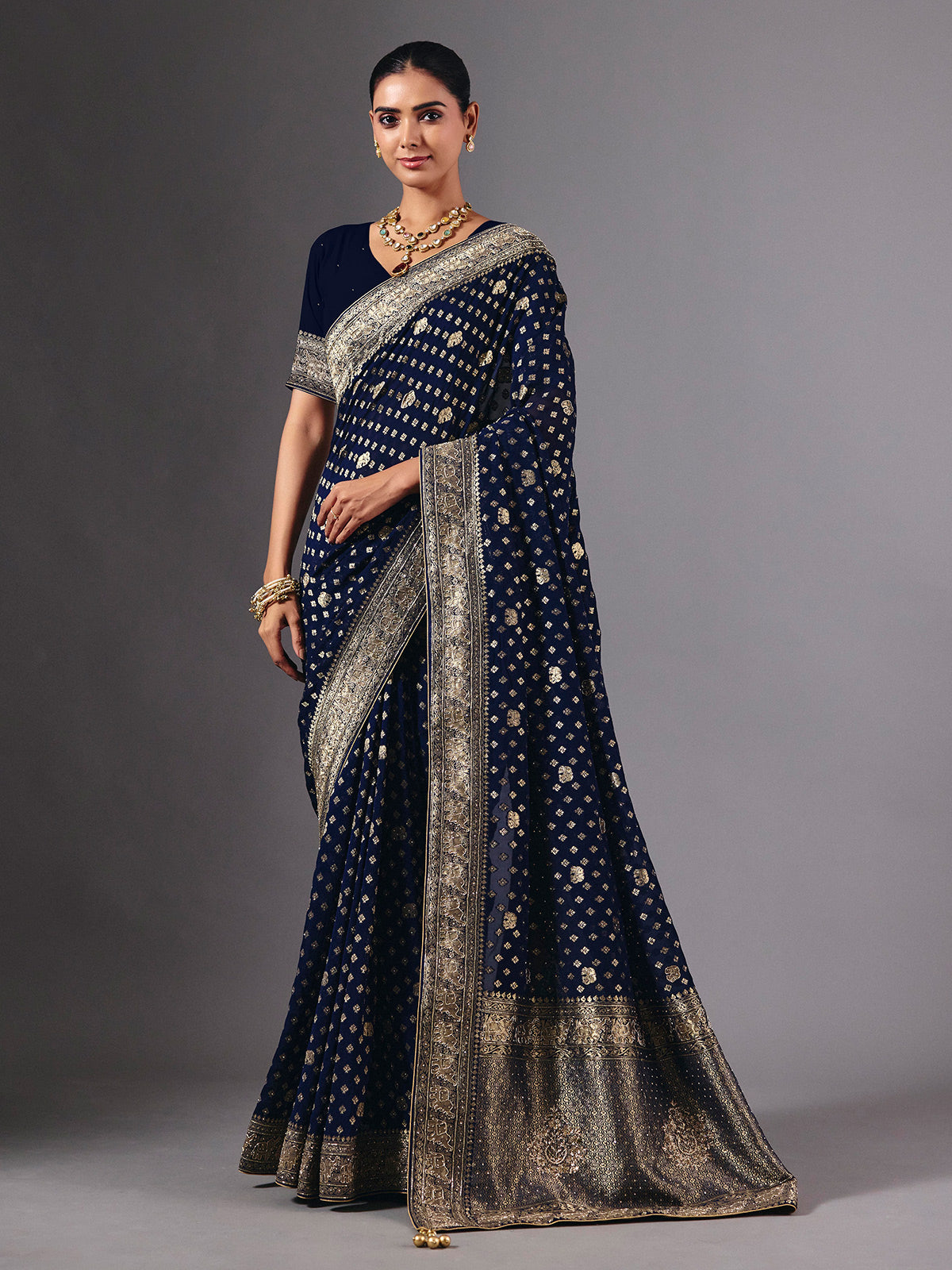 Navy dola silk saree with elephant motif zari artistry