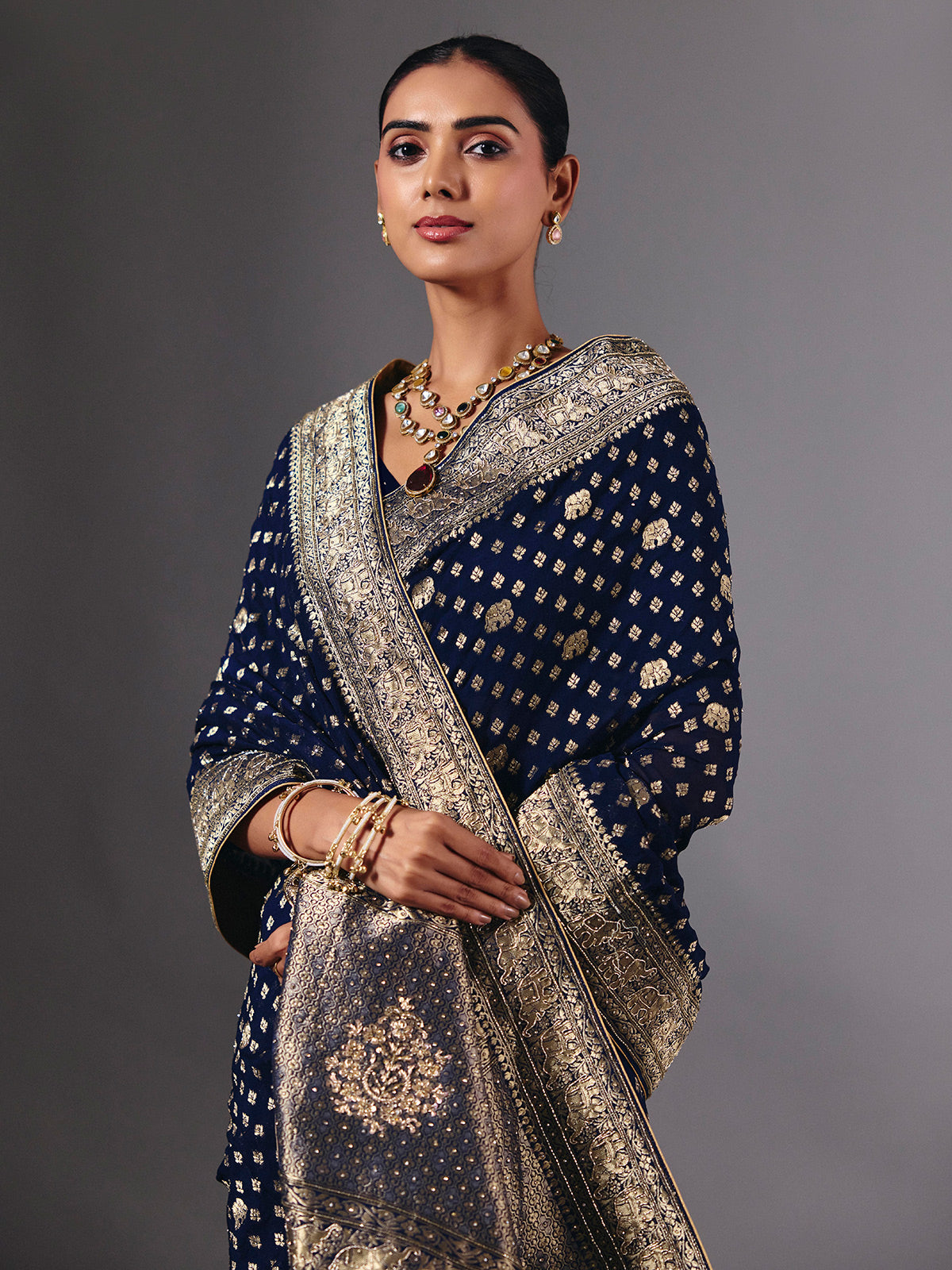 Navy dola silk saree with elephant motif zari artistry