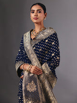 Navy dola silk saree with elephant motif zari artistry