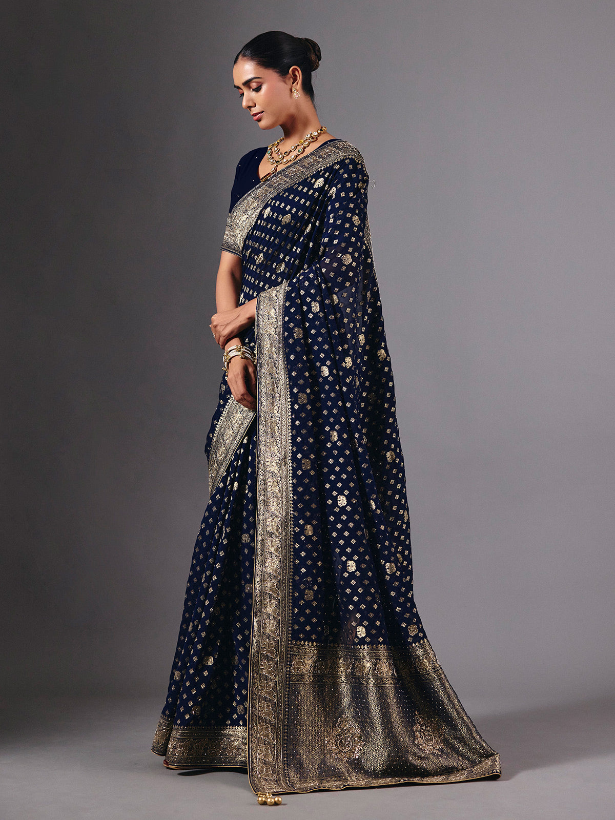 Navy dola silk saree with elephant motif zari artistry